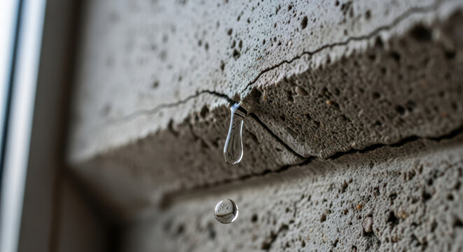 Water leak from ceiling crack with droplets forming on concrete slab, indicating damage and moisture presence. Leak reveals signs of wear and tear on surfaces,