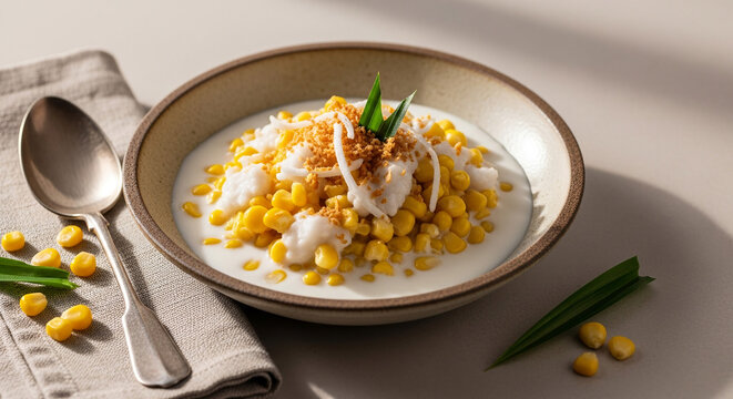 A delightful concept of creamy sweet corn dessert, infused with rich coconut milk and garnished with toasted shredded coconut, offering a taste of tropical indulgence