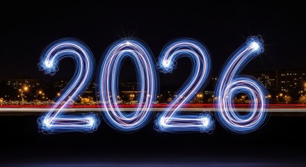 Sparkling Numbers Representing the Year 2026 Against a City Night Background