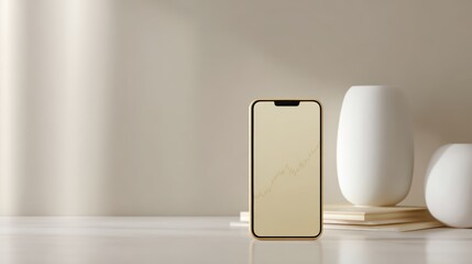192. smartphone showing gold price chart in minimalist office, advertising mood, gentle key and fill light, ample space for text on the right, generic props only