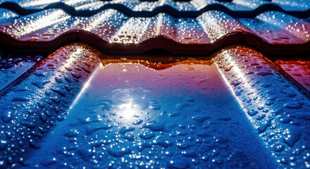 Water droplets on colorful metal roofing after rain reflecting sunlight. Close-up of water pooling on textured surface highlighting details and colors.