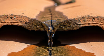 Leak in terracotta roof tiles with water trickling along the surface, showing damaged sections and moss growth. Leak creates potential for further water damage,