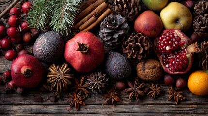 Christmas decorations featuring fruits, spices, and ornaments on a wooden background.
