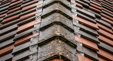 Close-up of roof shingles showcasing detailed texture and shapes highlighted by moisture and algae. Roof shingles exhibit variation in color and wear, offering insights on residential roofing quality.