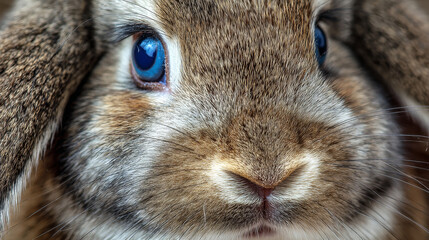 Close-up headshot of an adorable brown rabbit with blue eyes and a white stripe on its forehead.
