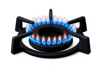 Gas stove burner igniting blue flames on a black cast iron grate, showing heat and cooking energy on transparent background