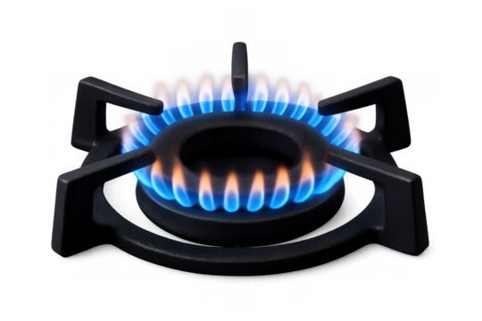 Gas stove burner igniting blue flames on a black cast iron grate, showing heat and cooking energy on transparent background