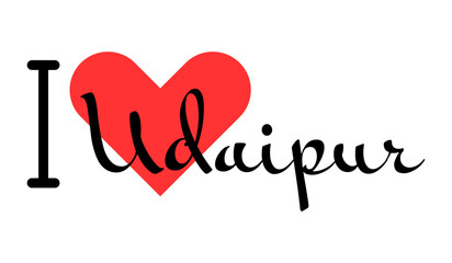 I love Udaipur, city of India. Hand drawn letters with red heart. Vector illustration lettering, modern design