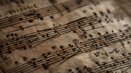 Close-up of a vintage music score displaying musical notes, symbols, and solfege syllables on aged paper.
