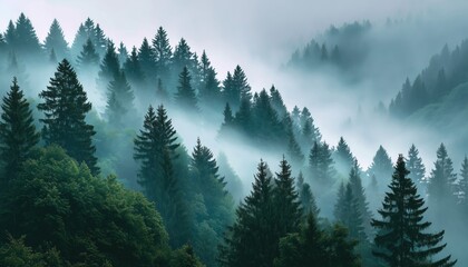 Fototapeta premium Majestic Evergreen Forest: Morning Fog, Ancient Pine Tree Silhouettes, Dreamlike Summer Landscape, Sun Rays - Nature, Ecology, Fantasy, Fairytale.