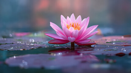Close-up of a vibrant pink lotus flower blooming in a pond at early morning.
