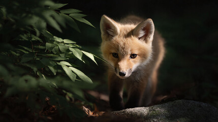 Obraz premium Intimate portrait of a curious fox kit emerging from the shadows. Evokes themes of wildlife, nature, and vulnerability. Ideal for conservation or educational content.