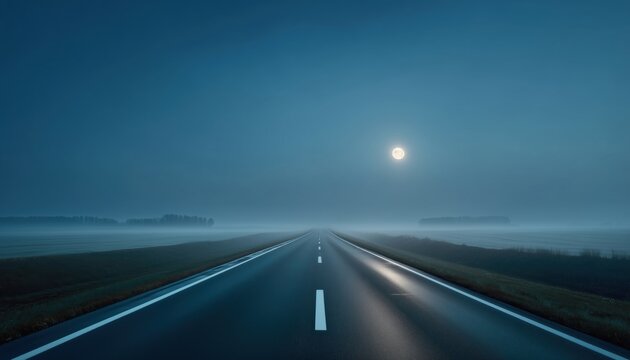 Moonlit Panoramic View Of The Empty Highway Through European Fields In Foggy Night With Clear Sky And Sunrise. Transportation, Logistics, Travel, Freedom, And Driving In Rural Setting.