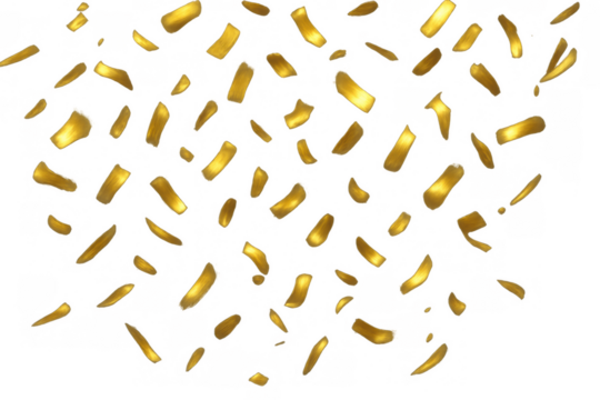Golden confetti falling, creating a festive atmosphere for special events, parties, and celebrations, featuring a transparent background