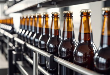 Row of craft beer bottles on a production line under bright industrial lighting