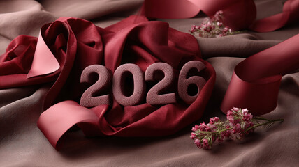 Elegant «2026» in soft pink tones surrounded by luxurious red ribbons and delicate flowers on rich brown fabric background. Sophisticated New Year concept with romantic touch