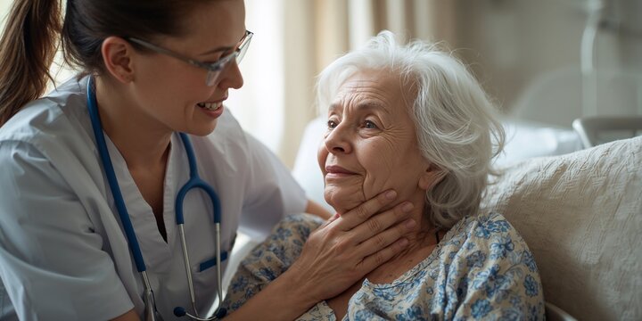 Caring doctor checks on senior woman at home, providing medical assistance and support in a comforting environment