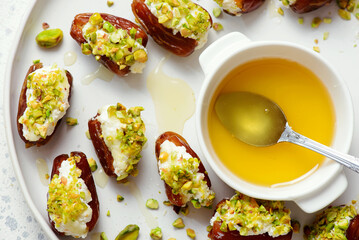 Honey Pistachio Ricotta stuffed Dates.selective focus