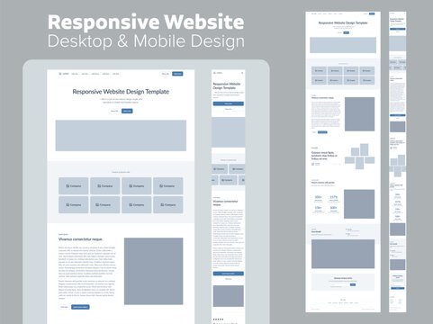 Design website template for business. Responsive desktop and mobile layout. UX UI site elements.