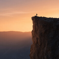 Fototapeta premium Silhouette of a lone figure standing on a dramatic cliff edge at sunset. Evokes ambition, overcoming challenges, and achieving goals. Inspiring, powerful imagery.