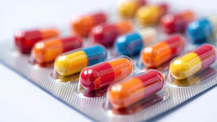 Colorful capsules scattered in blister packs with bright orange and pink hues.
