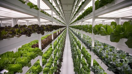 Rows of fresh green leafy vegetables growing vertically in a modern indoor farm illuminated by bright artificial lights