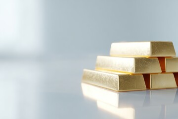 120. stack of gold bars on a reflective surface, luxury tone, professional tone, controlled studio lighting, ample space for text on the right, brand-safe, no logos
