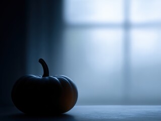 178. Halloween pumpkin silhouette with moody lighting, advertising mood, natural window light, ample space for text on the right, ideal for online ads