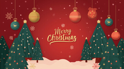 Festive Merry Christmas illustration with decorated trees, ornaments, and snowfall over a red background, creating a cheerful holiday design ideal for cards, banners, and seasonal posts