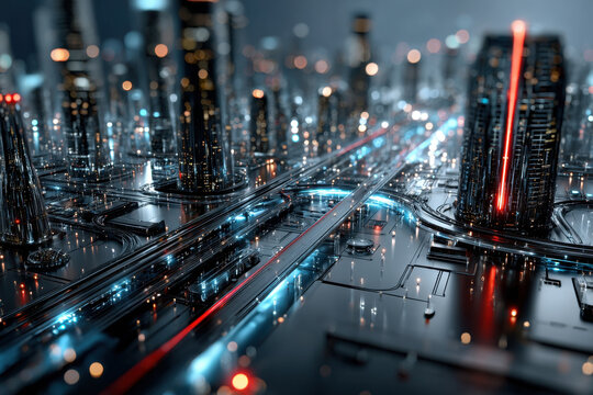 Futuristic Cityscape with Glowing Lights and Transportation
