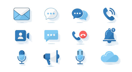 Collection of communication icons in blue with shadow.