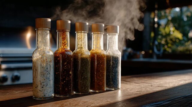 269Five flavoured sauce bottles with light mist of steam above, positioned on a textured wooden countertop, soft morning sunlight enhancing warm cooking ambiance