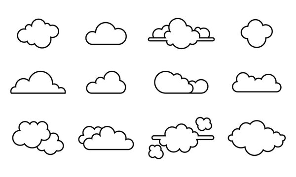 Conjunto de iconos de nubes de diferentes formas. Ilustraci&oacute;n vectorial