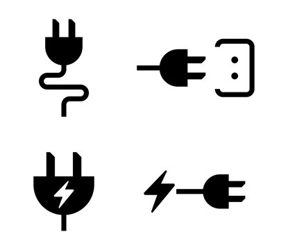 Conjunto de iconos de conexi&oacute;n de energ&iacute;a el&eacute;ctrica. Suministro y transferencia de energ&iacute;a. Enchufe con cable, toma corriente, conexi&oacute;n. Ilustraci&oacute;n vectorial