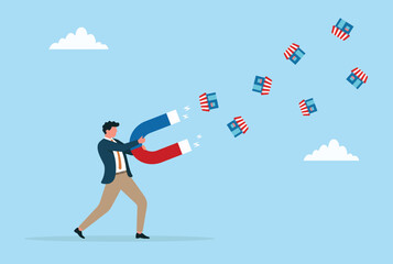 Vector illustration of a businessman using a giant magnet to attract multiple stores, symbolizing business growth, customer acquisition, and market expansion
