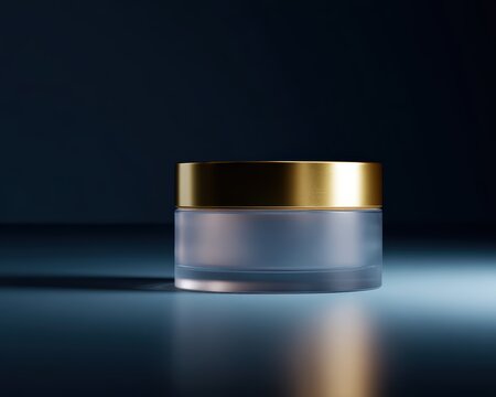 26. cosmetic jar with golden accents and soft glow, modern vibe, dramatic key light, ample space for text, ideal for commercial use