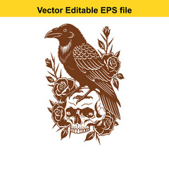 Fototapeta premium Brown crow perched on a human skull surrounded by roses, gothic art, vector illustration isolated on