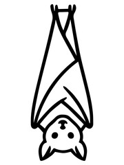 Minimalist line drawing of a cute bat hanging upside down with wings wrapped around its body, clean black outline on a white background&mdash;perfect for stickers, Halloween decor, and playful branding.