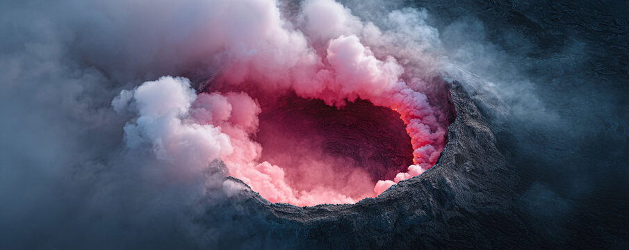 Dramatic topdown view of a volcano crater filled with fiery red smoke, contrasting against the dark, rocky landscape. Evokes power, danger, and rebirth. - Powered by Adobe