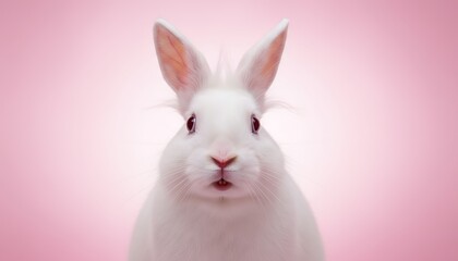 Obraz premium Close-up of a white rabbit with pink eyes and ears on a pink backdrop
