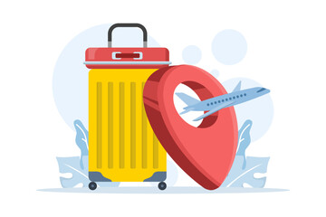 Travel concept with airplanes, clouds, blue passports, and luggage placed before large location pins, illustrating journey planning and vacation design themes.