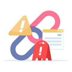Illustration of a risky link alert, showing a chain with a warning sign to represent suspicious URLs, phishing threats, and unsafe website notifications.