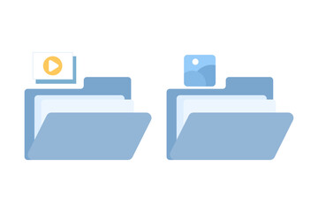 Illustration of digital archives with multimedia organization, showing video folders and file management for efficient storage and content organization in a flat vector style.