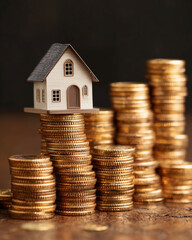 A house is on top of a pile of gold coins