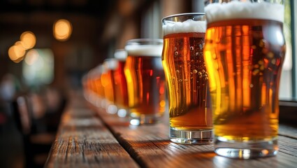 Row of cold draft beers on a rustic wooden bar, glowing amber tones in warm light