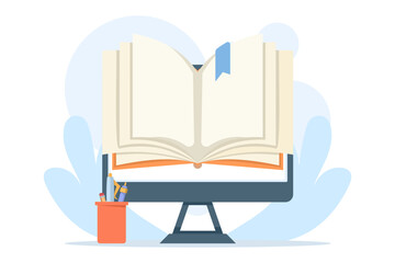 Digital learning concept with an open book and computer monitor, representing online libraries, e-books, and the connection between education, science, and technology.