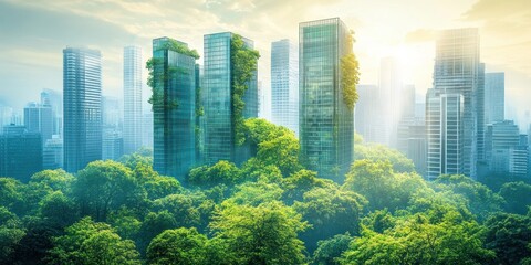Eco-Friendly Cityscape - Skyscrapers Embraced by Lush Greenery and Sustainable Design.