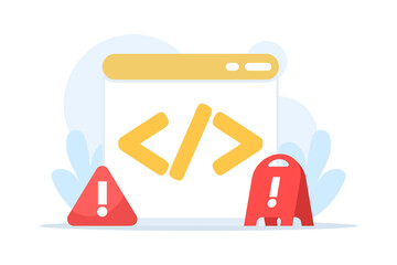 illustration of a program with errors, featuring warning signs, programming symbols, and notifications, representing coding issues, script problems, and software debugging concepts.