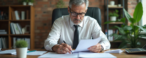 Mature man sits at desk with papers and laptop. He wears glasses and white shirt, focusing on financial document. Office work environment, tax season preparation.