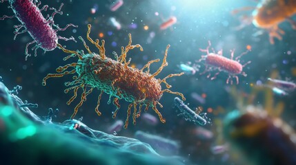Colorful bacteria are actively engaged with antibodies, showcasing a lively interaction amidst a microscopic backdrop filled with luminous particles, antibiotics, interactions